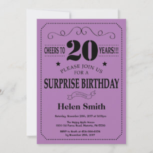 Surprise 20th Birthday Black and Purple Invitation