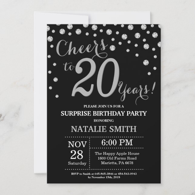 Surprise 20th Birthday Black and Silver Diamond Invitation (Front)