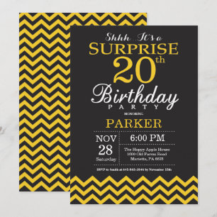 Surprise 20th Birthday Black and Yellow Chevron Invitation