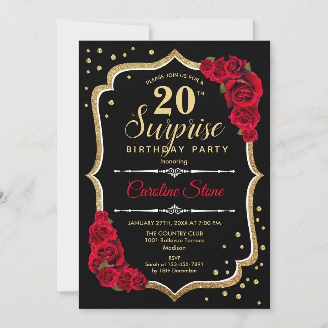 Surprise 20th Birthday - Black Gold Red Invitation (Front)