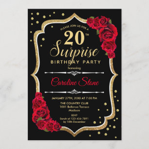 Surprise 20th Birthday - Black Gold Red Invitation