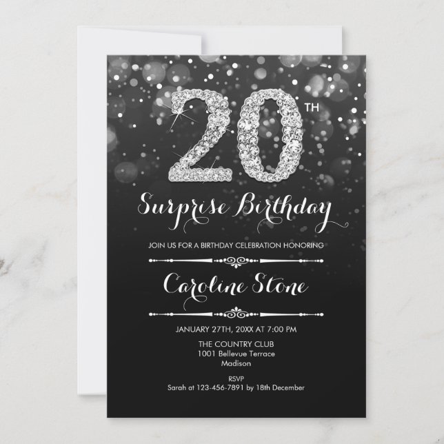 Surprise 20th Birthday - Black Silver Invitation (Front)