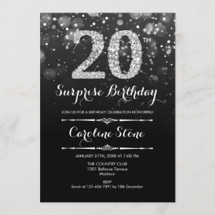 Surprise 20th Birthday - Black Silver Invitation