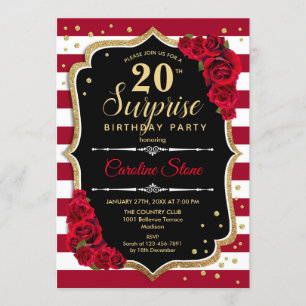 Surprise 20th Birthday - Black White Red Invitation