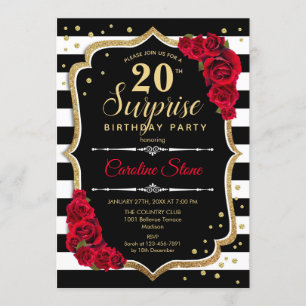 Surprise 20th Birthday - Black White Red Invitation