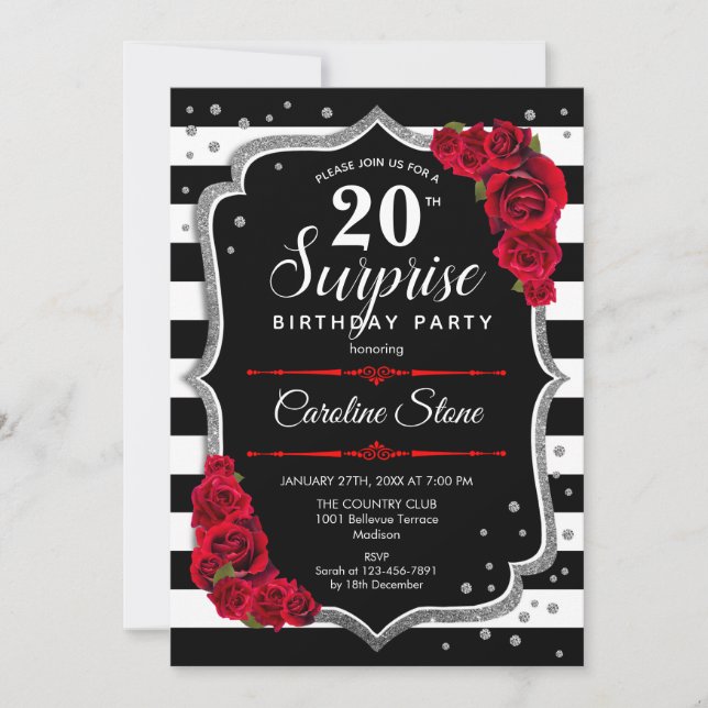 Surprise 20th Birthday - Black White Red Invitation (Front)