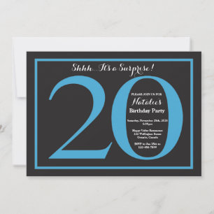 Surprise 20th Birthday Blue and Black Chalkboard Invitation