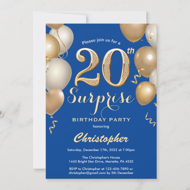 Surprise 20th Birthday Blue and Gold Balloons Invitation (Front)