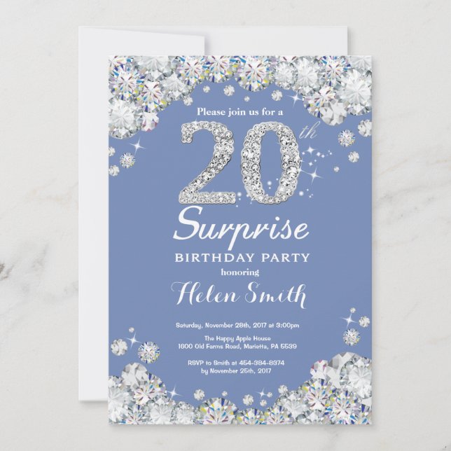 Surprise 20th Birthday Blue Silver Diamond Invitation (Front)