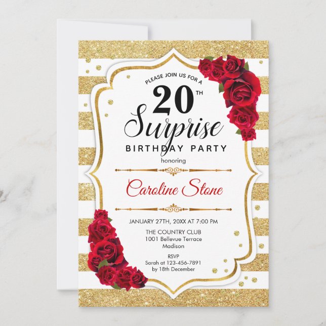 Surprise 20th Birthday - Gold White Red Invitation (Front)