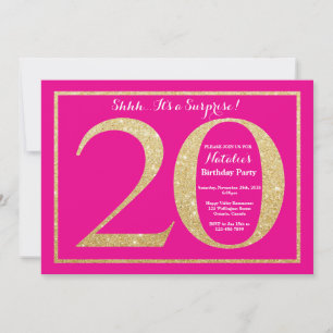 Surprise 20th Birthday Hot Pink and Gold Glitter Invitation