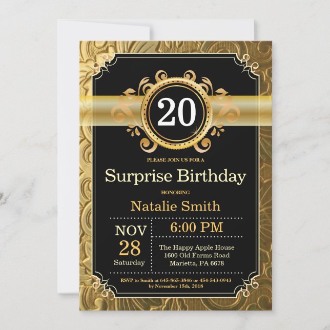 Surprise 20th Birthday Invitation Black and Gold (Front)