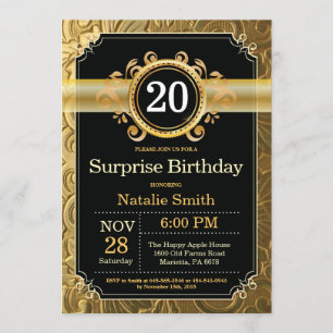 Surprise 20th Birthday Invitation Black and Gold