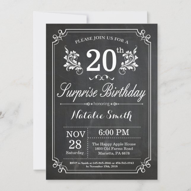 Surprise 20th Birthday Invitation Chalkboard (Front)