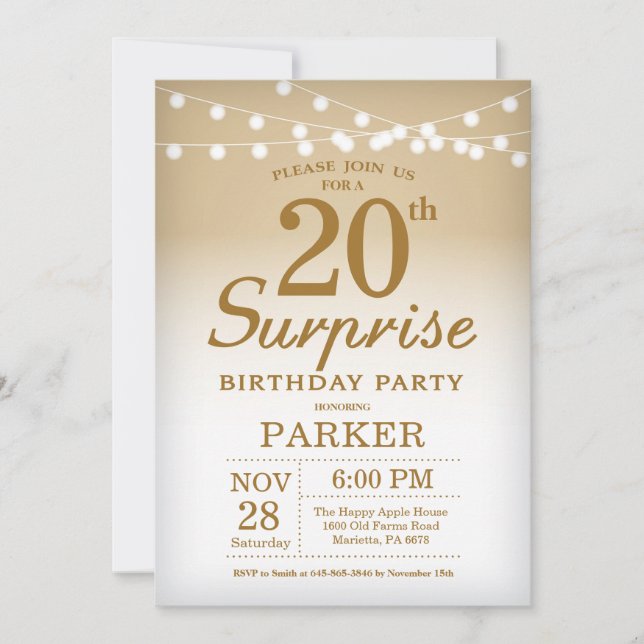 Surprise 20th Birthday Invitation Gold (Front)