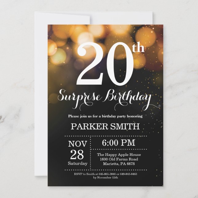 Surprise 20th Birthday Invitation Gold Glitter (Front)