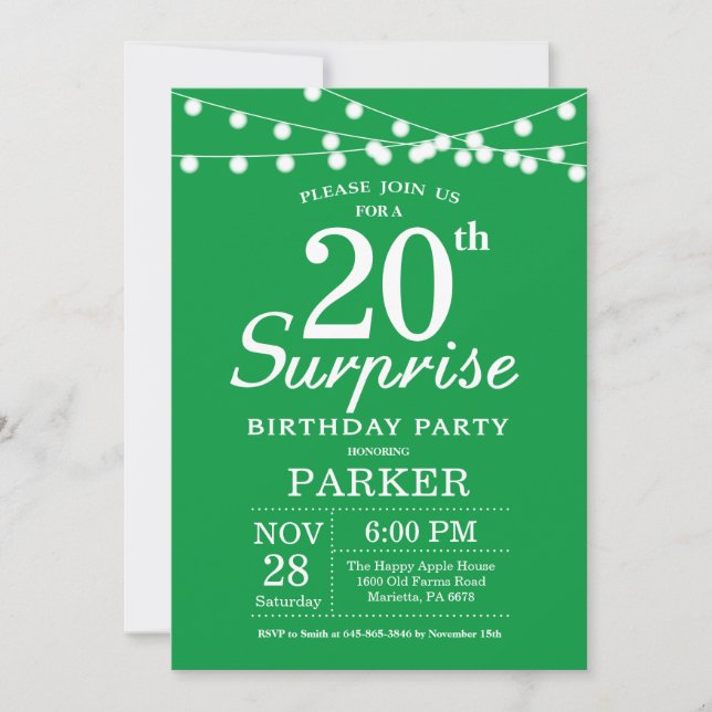 Surprise 20th Birthday Invitation Green (Front)