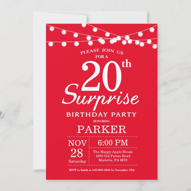 Surprise 20th Birthday Invitation Red (Front)