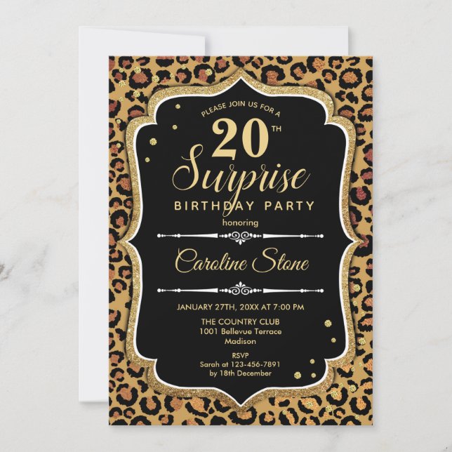 Surprise 20th Birthday - Leopard Black Gold Invitation (Front)