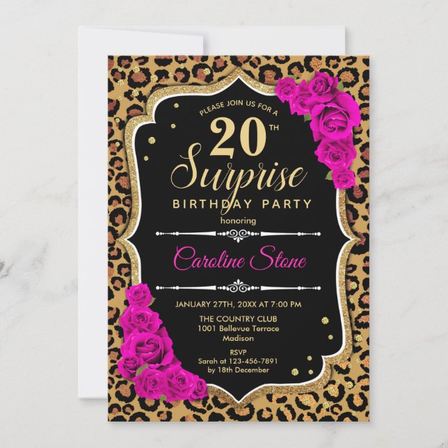 Surprise 20th Birthday - Leopard Black Gold Pink Invitation (Front)