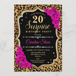 Surprise 20th Birthday - Leopard Black Gold Pink Invitation