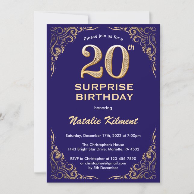 Surprise 20th Birthday Navy Blue and Gold Glitter Invitation (Front)