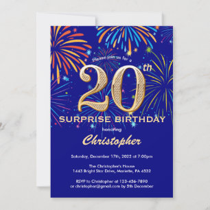 Surprise 20th Birthday Navy Blue & Gold Firework Invitation