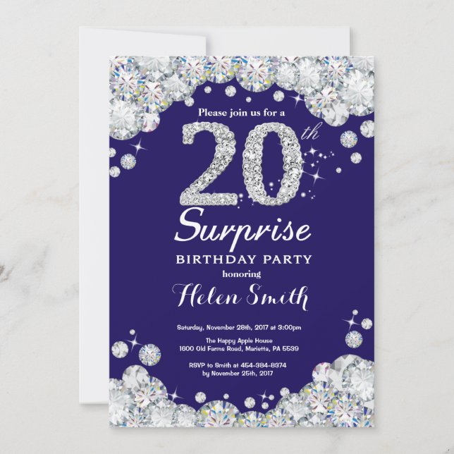 Surprise 20th Birthday Navy Blue Silver Diamond Invitation (Front)