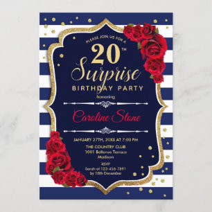 Surprise 20th Birthday - Navy White Red Invitation