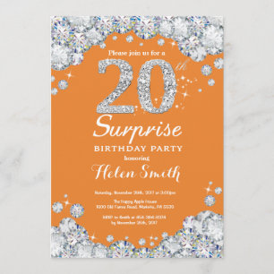 Surprise 20th Birthday Orange and Silver Diamond Invitation