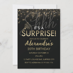Surprise 20th Birthday Party Black Gold for women Invitation