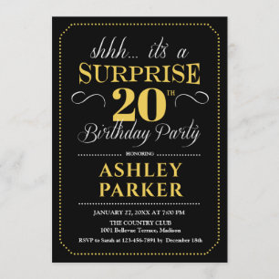 Surprise 20th Birthday Party - Black Gold Invitation