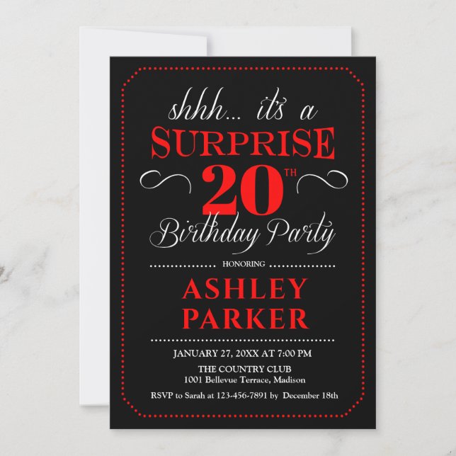 Surprise 20th Birthday Party - Black Red White Invitation (Front)