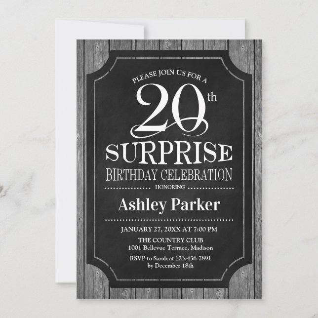 Surprise 20th Birthday Party - Chalkboard White Invitation (Front)