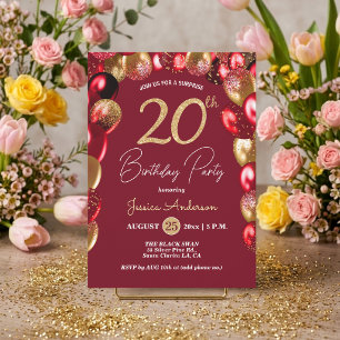 Surprise 20th Birthday Party Gold Burgundy Glitter Invitation