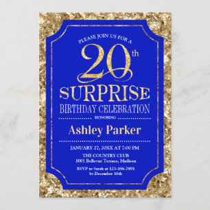 Surprise 20th Birthday Party - Gold Royal Blue Invitation