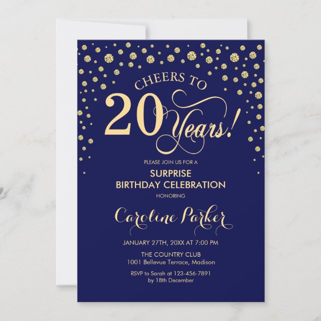 Surprise 20th Birthday Party - Navy Blue Gold Invitation (Front)