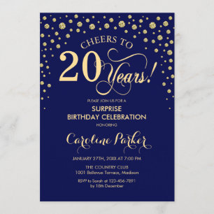 Surprise 20th Birthday Party - Navy Blue Gold Invitation