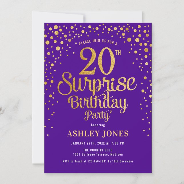Surprise 20th Birthday Party - Purple & Gold Invitation (Front)