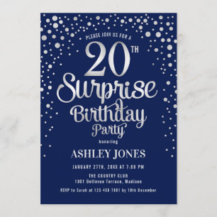 Surprise 20th Birthday Party - Silver & Navy Blue Invitation