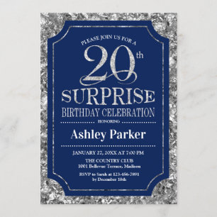 Surprise 20th Birthday Party - Silver Navy Blue Invitation