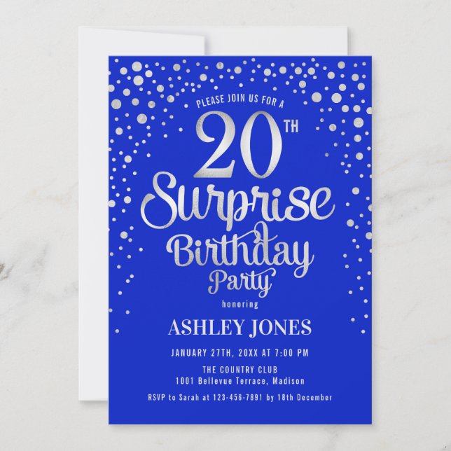 Surprise 20th Birthday Party - Silver & Royal Blue Invitation (Front)