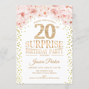 Surprise 20th Birthday Party - White Gold Pink Invitation