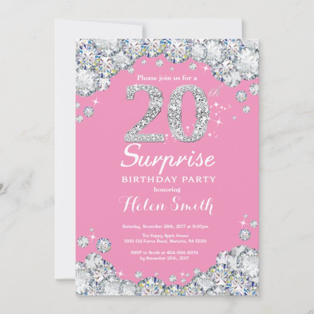 Surprise 20th Birthday PInk and Silver Diamond Invitation (Front)