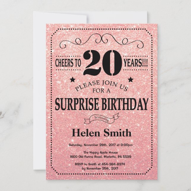 Surprise 20th Birthday Pink Rose Gold Glitter Invitation (Front)