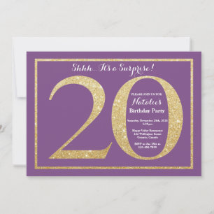 Surprise 20th Birthday Purple and Gold Glitter Invitation