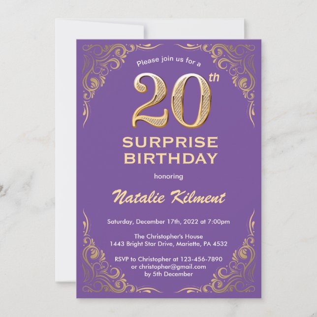 Surprise 20th Birthday Purple and Gold Glitter Invitation (Front)