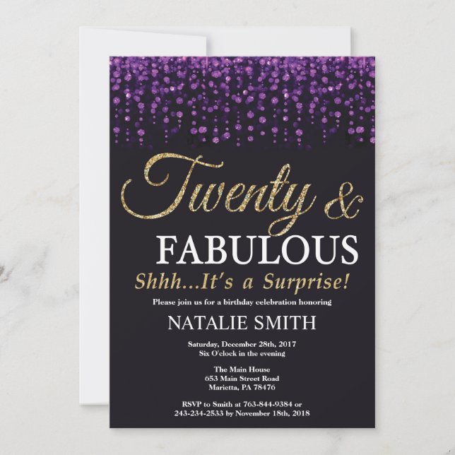 Surprise 20th Birthday Purple and Gold Glitter Invitation (Front)