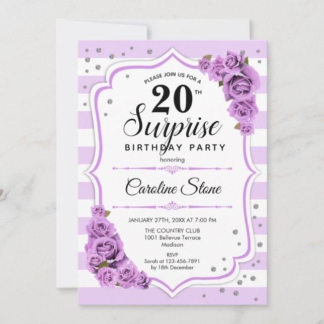 Surprise 20th Birthday - Purple White Invitation (Front)