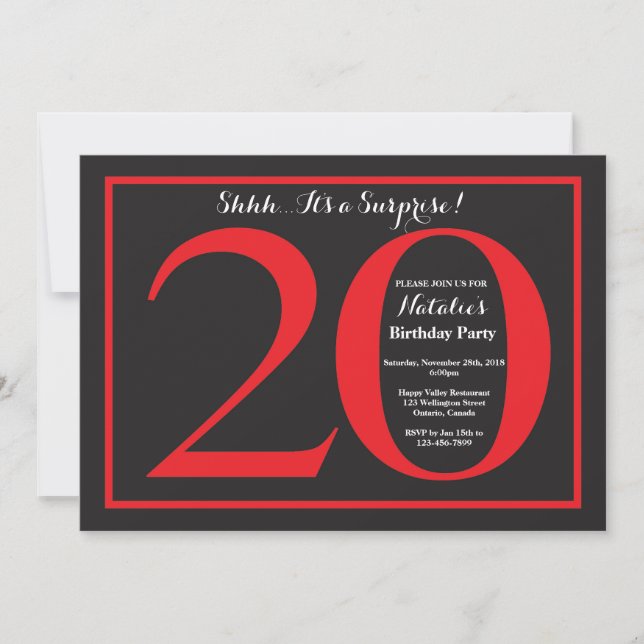 Surprise 20th Birthday Red and Black Chalkboard Invitation (Front)